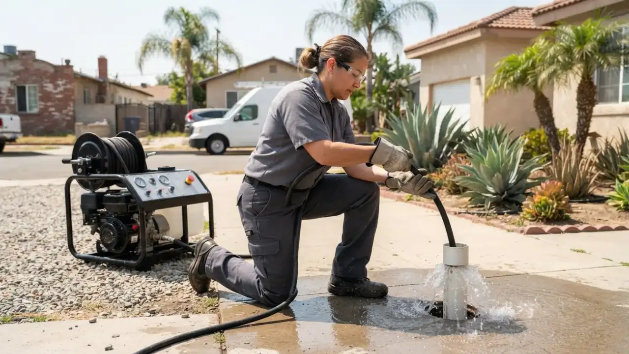 Hydro Jetting Services in Pico Rivera: plumber operating a powerful hydro-jetting machine, guiding the hose into an outdoor