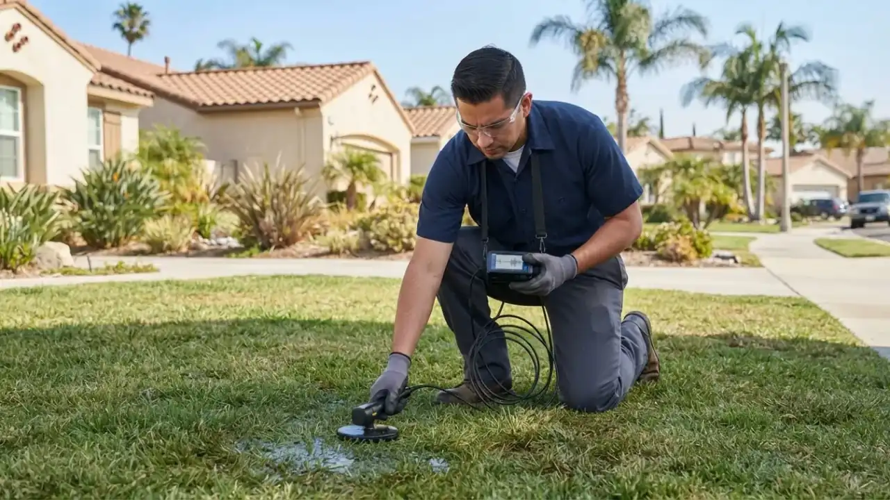 Leak Detection And Repair in Pico Rivera: plumber using an acoustic leak detector device on the ground to pinpoint the sound
