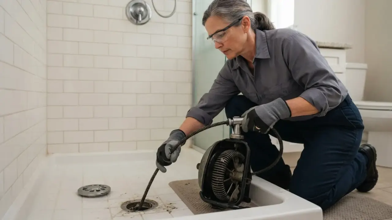 Clogged Drain Cleaning in Pico Rivera: plumber feeding a motorized drain snake cable into a blocked shower drain in a
