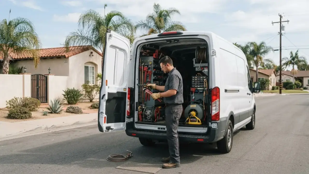 Plumber in Pico Rivera: wide shot of a service van parked in front of a typical Pico Rivera stucco home, with tools clearly