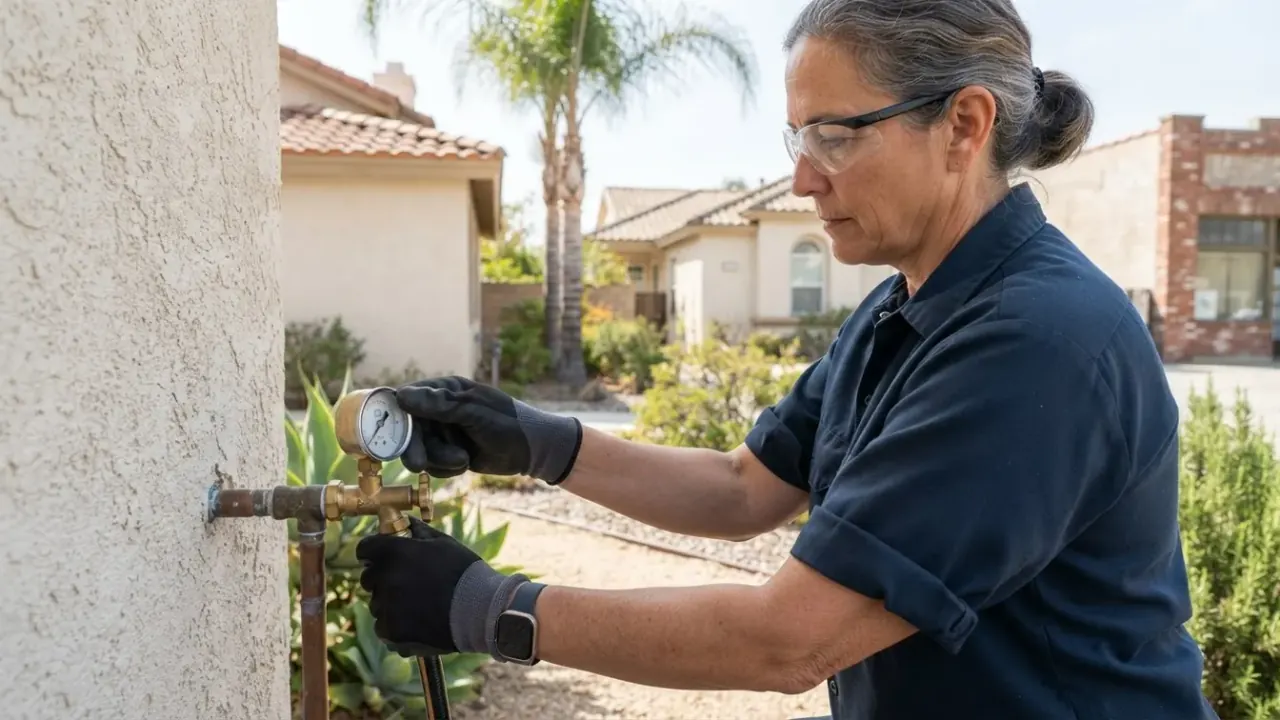 What Causes Low Water Pressure in Pico Rivera Homes: plumber checking water pressure gauge