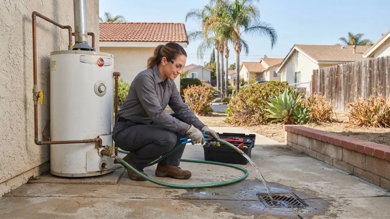 Water Heater Repair in Pico Rivera: plumber draining an old tank water heater by connecting a hose to the drain valve, with