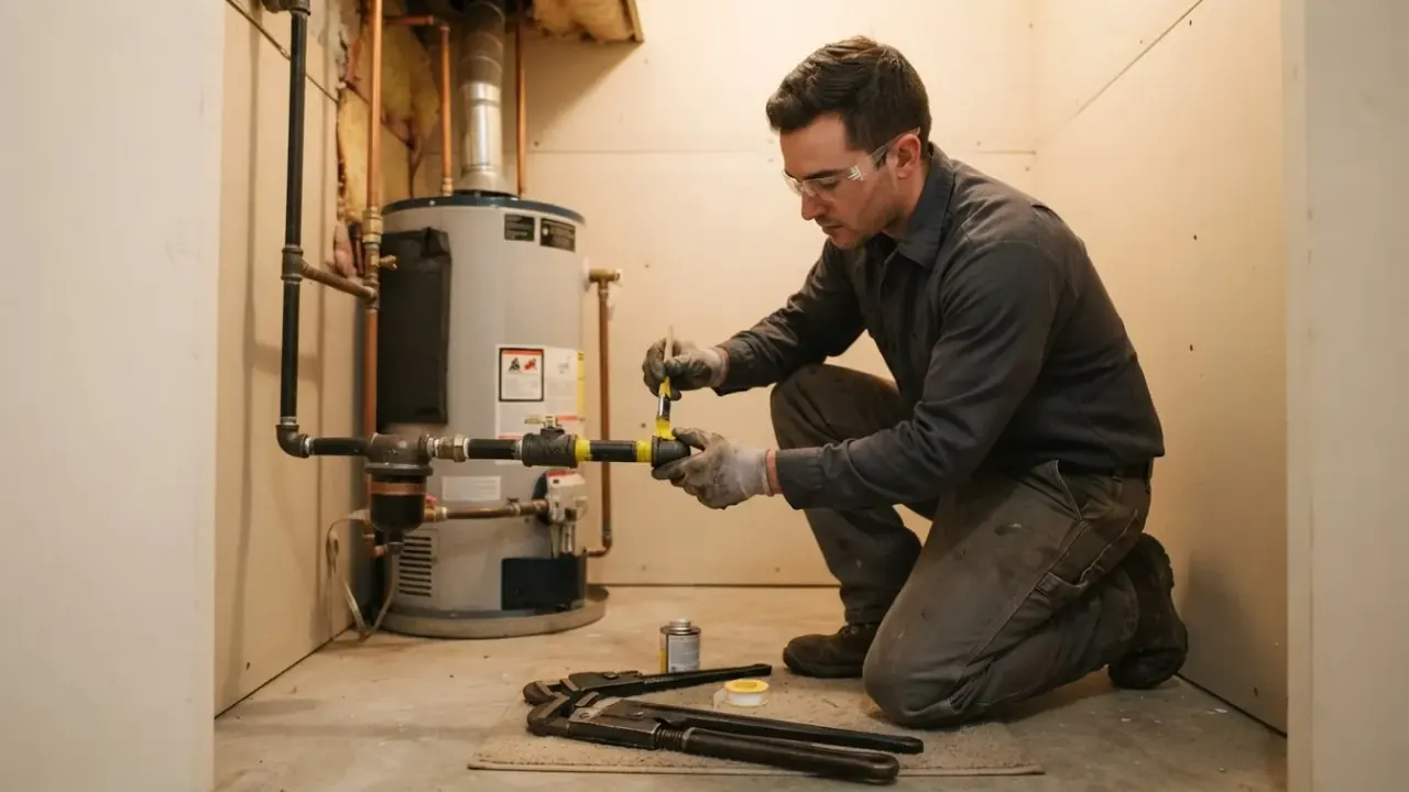 Gas Leak Repair in Pico Rivera: plumber applying pipe thread sealant to a new gas pipe fitting before tightening it with two