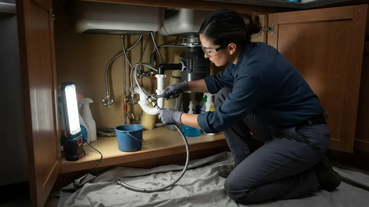 Emergency Plumbing Service in Pico Rivera: plumber kneeling on a drop cloth, quickly replacing a burst flex connector under