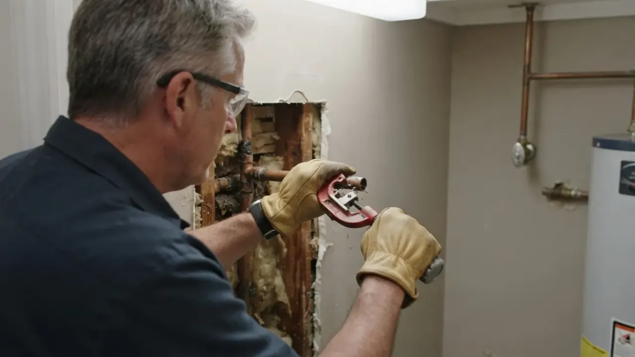 Burst Pipe Repair in Pico Rivera: plumber cutting out a damaged section of copper pipe from a wall with a pipe cutter