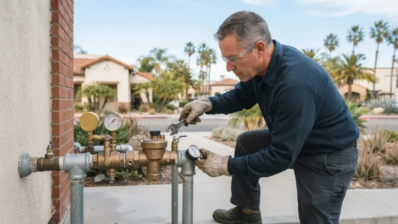 Commercial Plumbing in Pico Rivera: plumber inspecting a backflow preventer assembly on a main water line connected to a