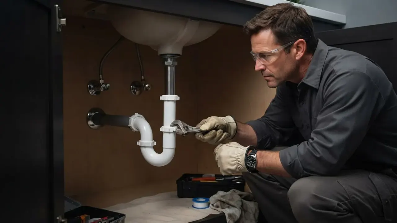 Plumber in Pico Rivera: detailed shot of a neatly installed, leak-free P-trap and drain assembly under a clean bathroom sink