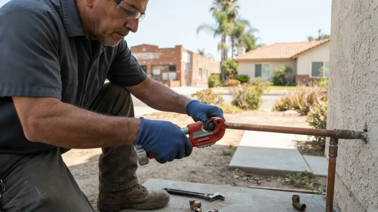 Plumber in Pico Rivera: close-up of a plumber's hands using a pipe cutter to make a precise cut on a copper pipe