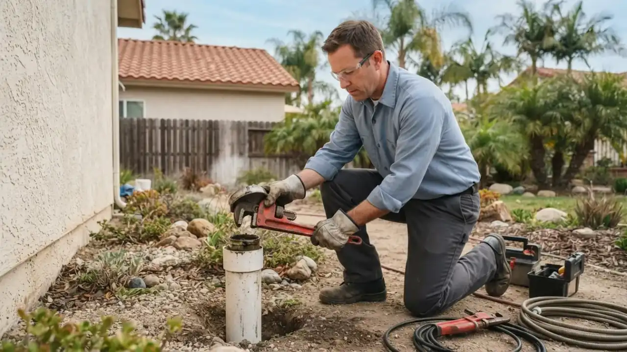 Sewer And Septic Service in Pico Rivera: plumber opening an outdoor sewer cleanout pipe cap in a residential backyard