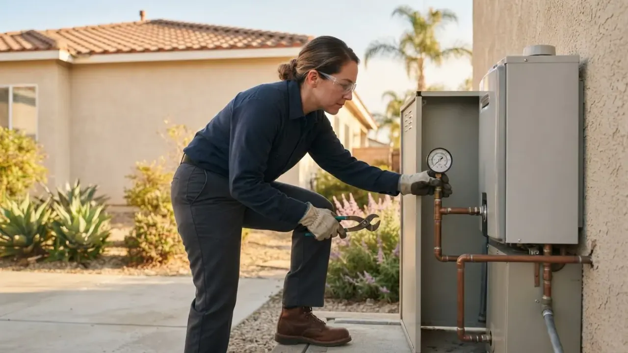Plumber in Pico Rivera: close-up of a pressure gauge on a water heater, showing a normal pressure reading
