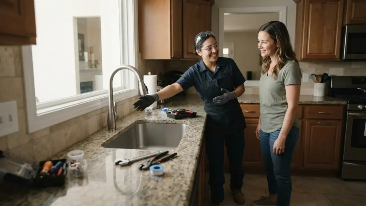 Plumber in Pico Rivera: licensed plumber smiling while explaining something to a friendly customer in a brightly lit