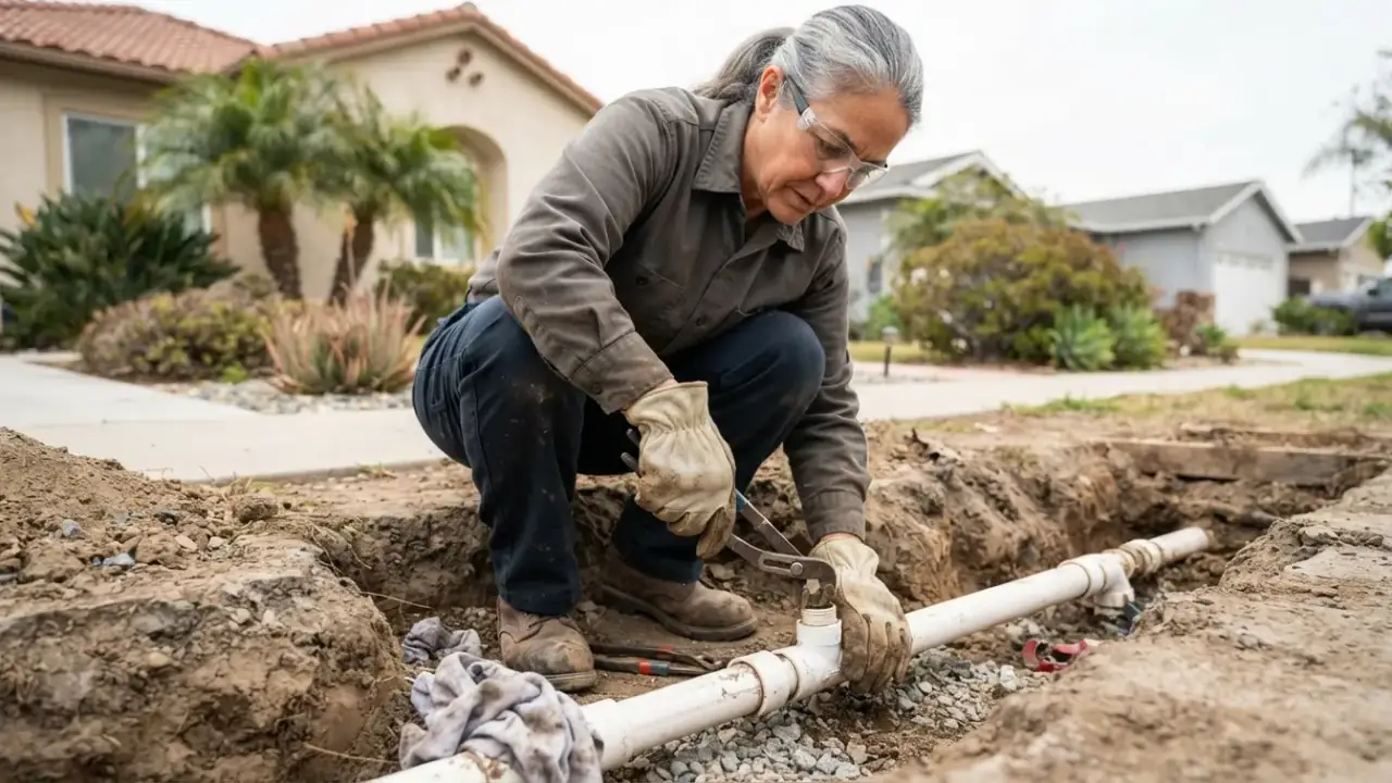 Plumber in Pico Rivera: plumber kneeling next to an open trench in a residential front yard, carefully working on an exposed