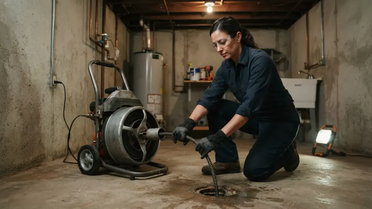 Plumber in Pico Rivera: plumber using a large, wheeled drain snake machine, feeding the cable into a floor drain in a dimly